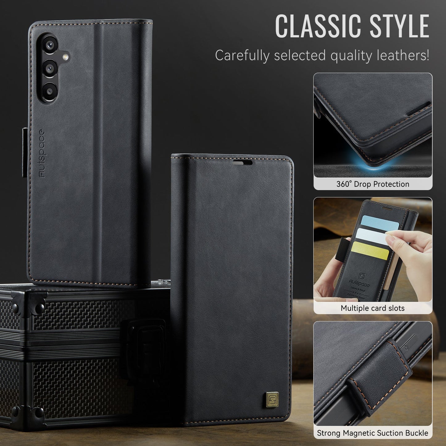 For Samsung Galaxy A14 4G / Galaxy A14 5G Case AUTSPACE A11 RFID Blocking Retro Leather Cell Phone Wallet Cover - Black