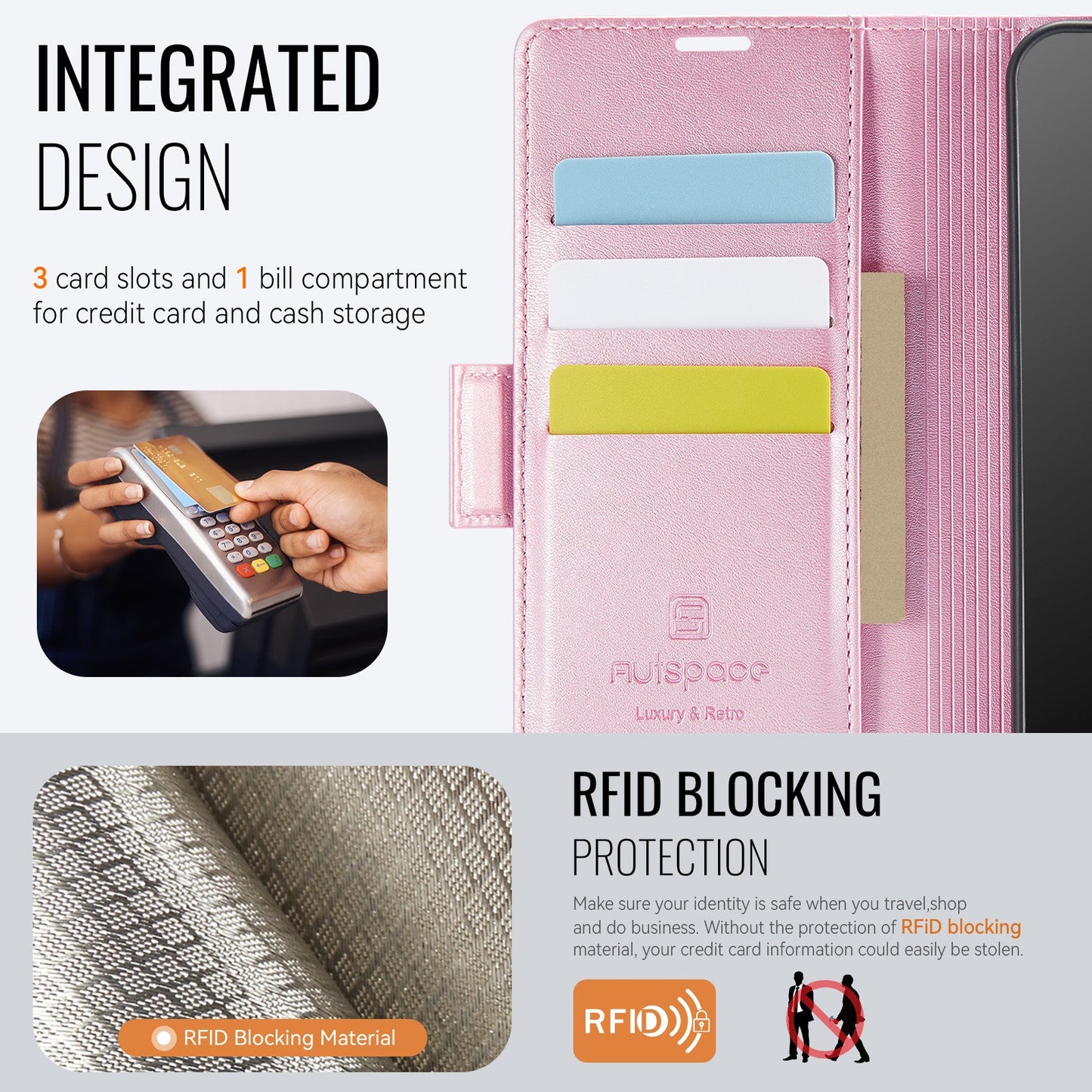 For Samsung Galaxy A15 4G / Galaxy A15 5G Case AUTSPACE A11 RFID Blocking Retro Leather Cell Phone Wallet Cover - Pink