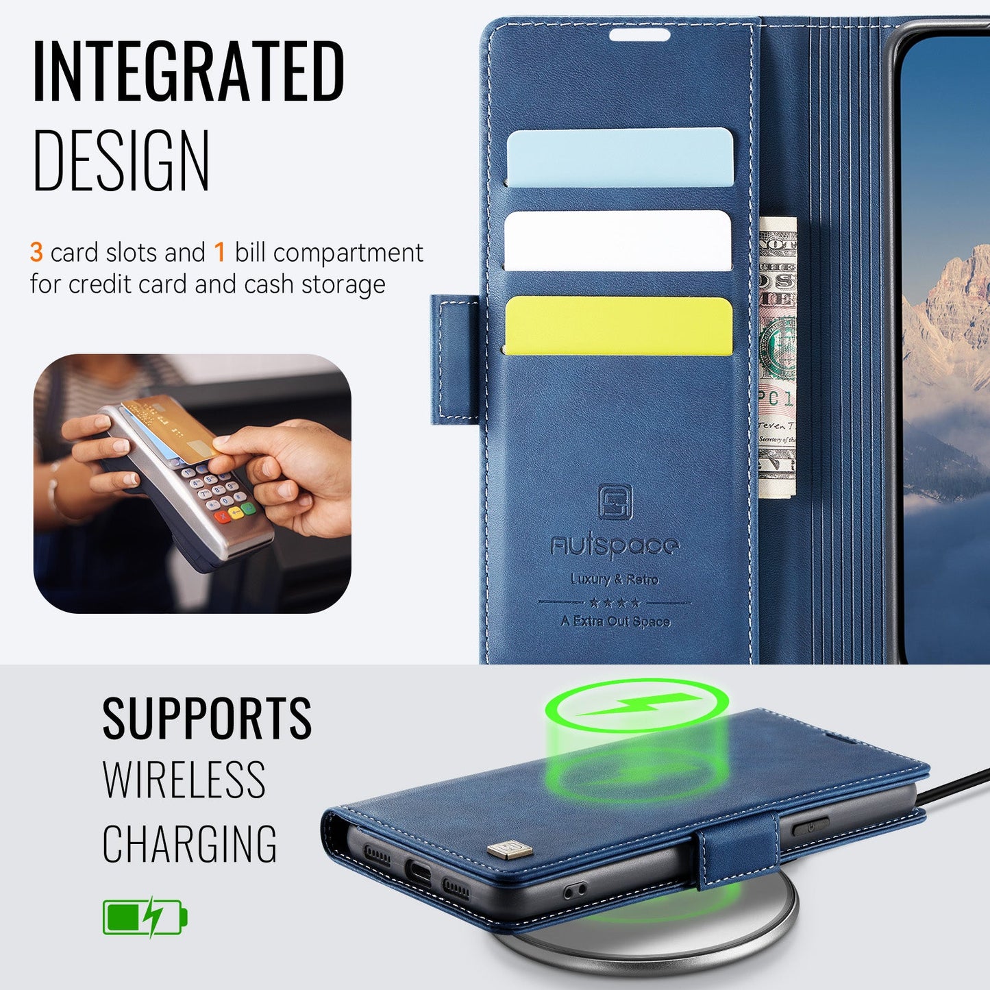 For Google Pixel 8a Case AUTSPACE A11 RFID Blocking Retro Leather Cell Phone Wallet Cover - Blue