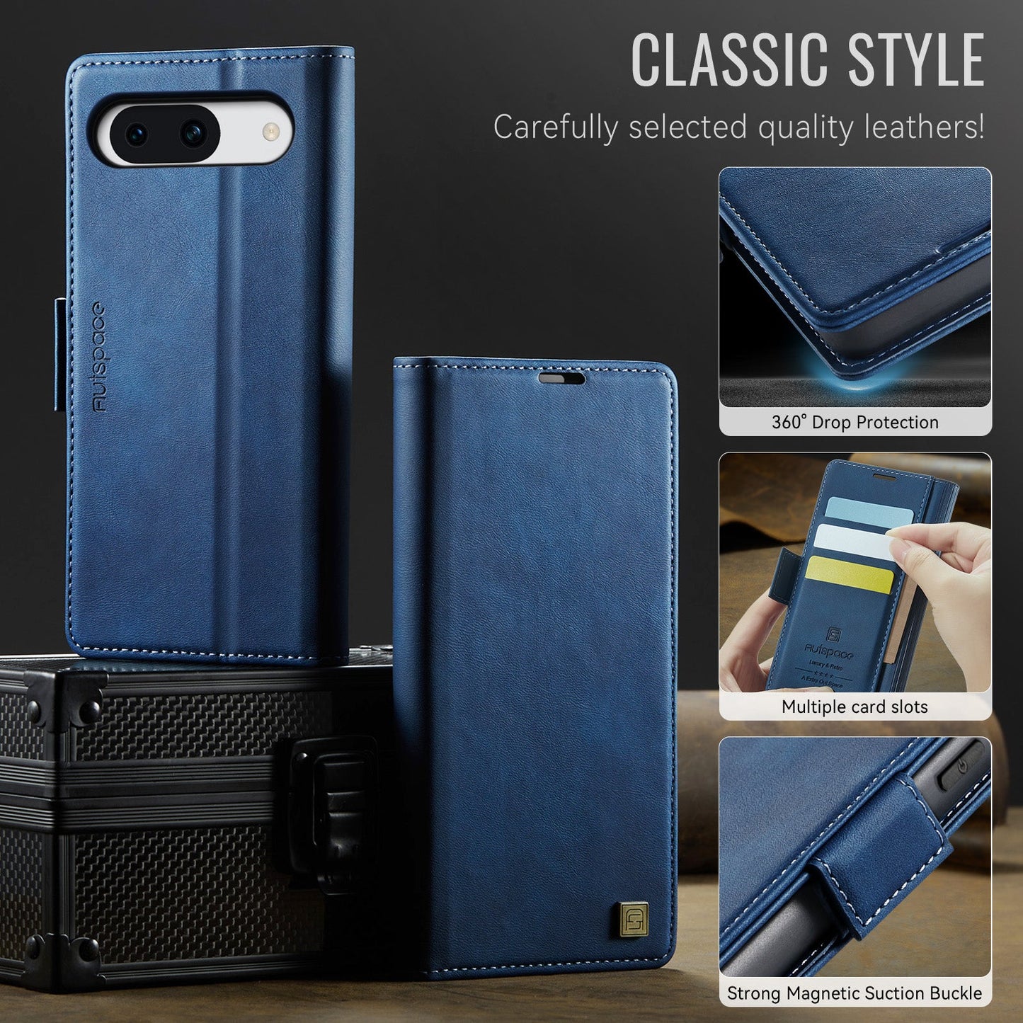 For Google Pixel 8a Case AUTSPACE A11 RFID Blocking Retro Leather Cell Phone Wallet Cover - Blue