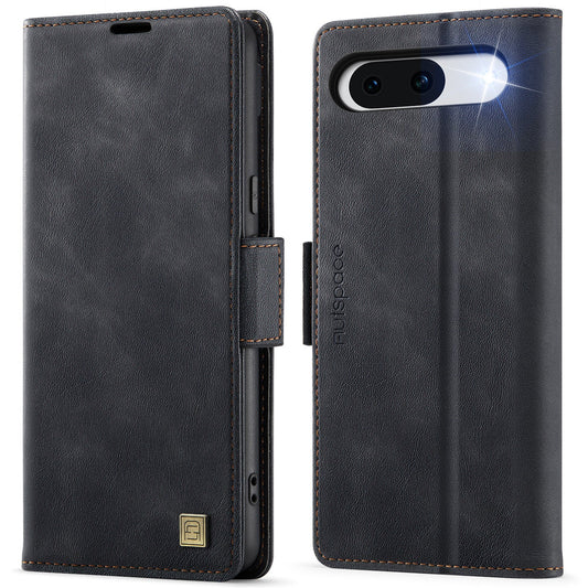 For Google Pixel 8a Case AUTSPACE A11 RFID Blocking Retro Leather Cell Phone Wallet Cover - Black