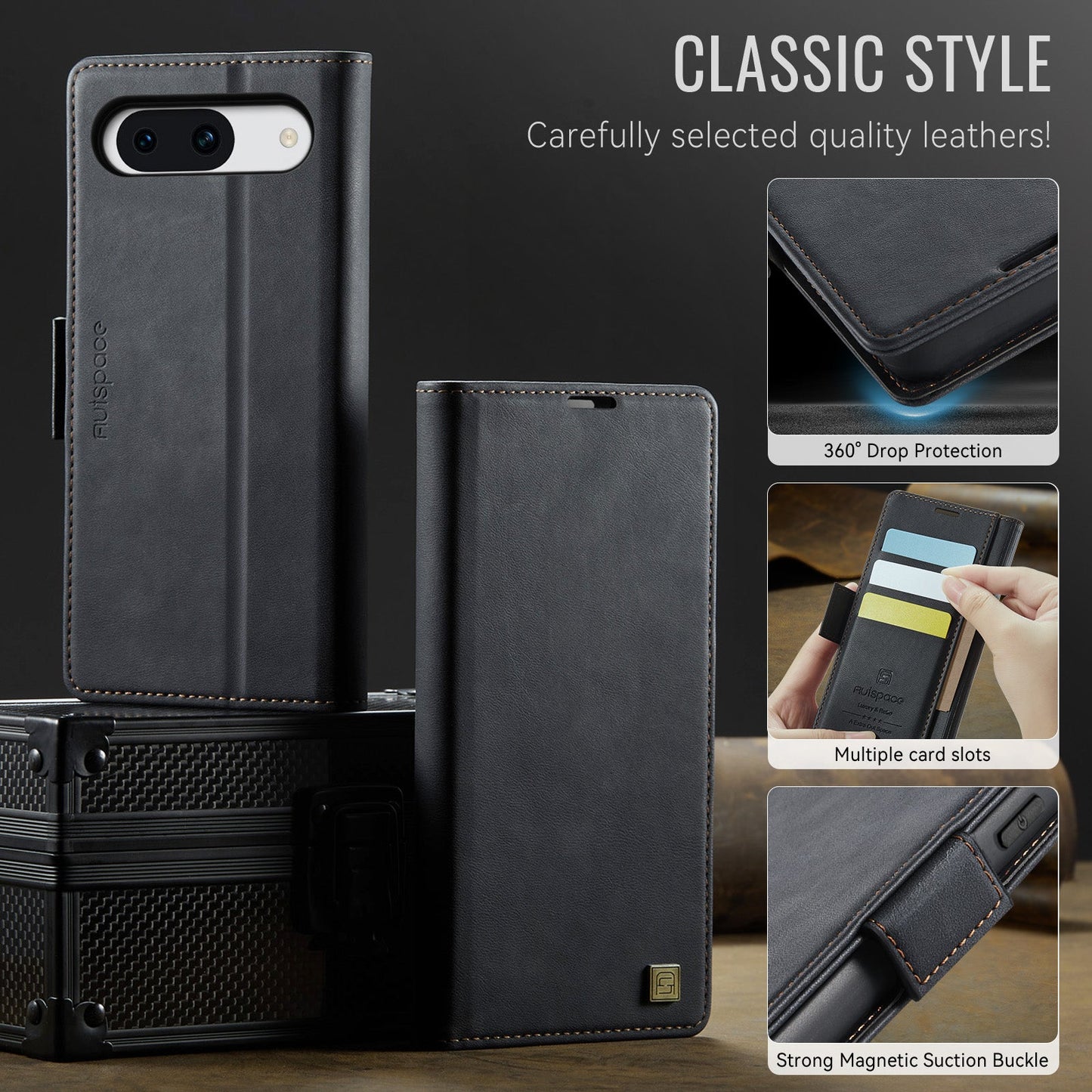 For Google Pixel 8a Case AUTSPACE A11 RFID Blocking Retro Leather Cell Phone Wallet Cover - Black