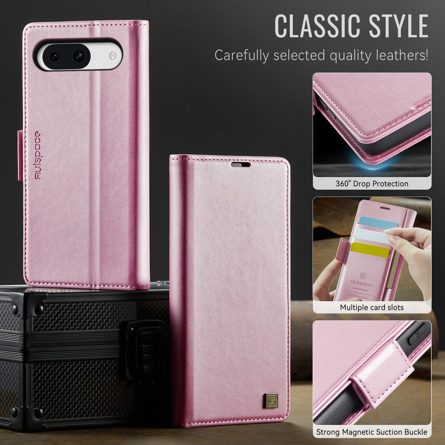 For Google Pixel 8a Case AUTSPACE A11 RFID Blocking Retro Leather Cell Phone Wallet Cover - Pink