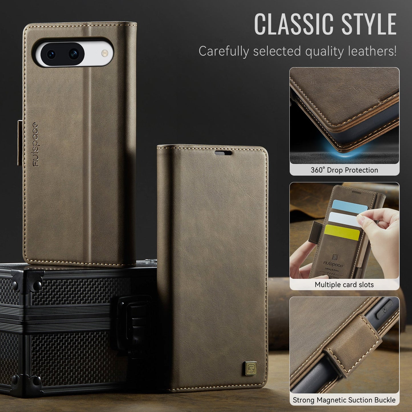 For Google Pixel 8a Case AUTSPACE A11 RFID Blocking Retro Leather Cell Phone Wallet Cover - Brown