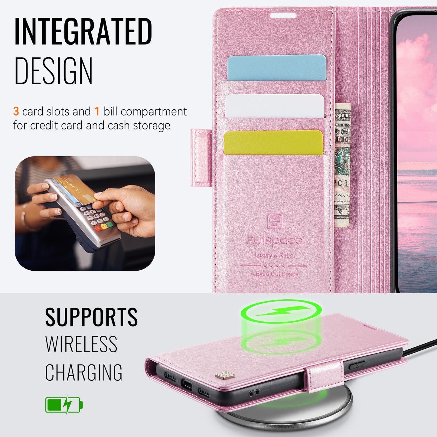 For Google Pixel 8 Case AUTSPACE A11 RFID Blocking Retro Leather Cell Phone Wallet Cover - Pink