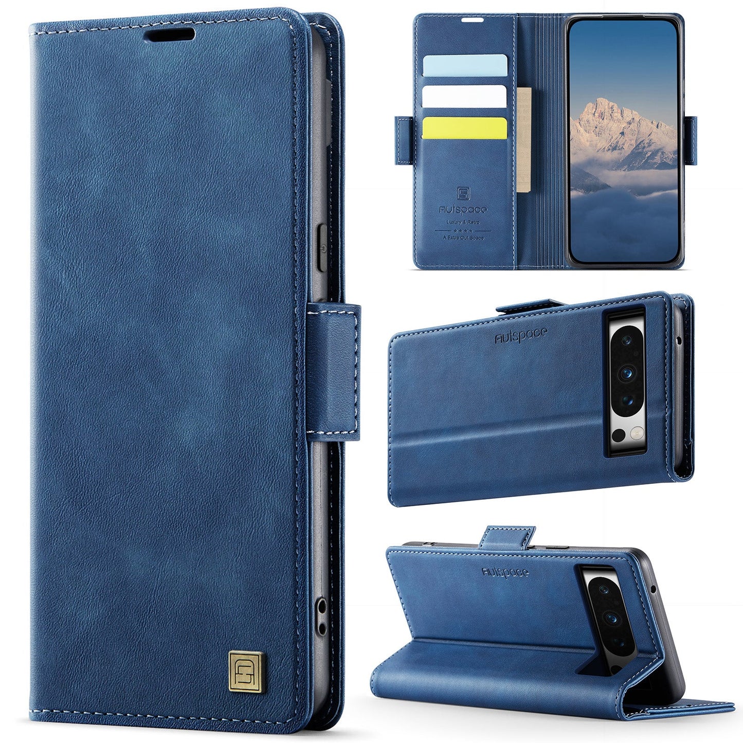 For Google Pixel 8 Pro Case AUTSPACE A11 RFID Blocking Retro Leather Cell Phone Wallet Cover - Blue
