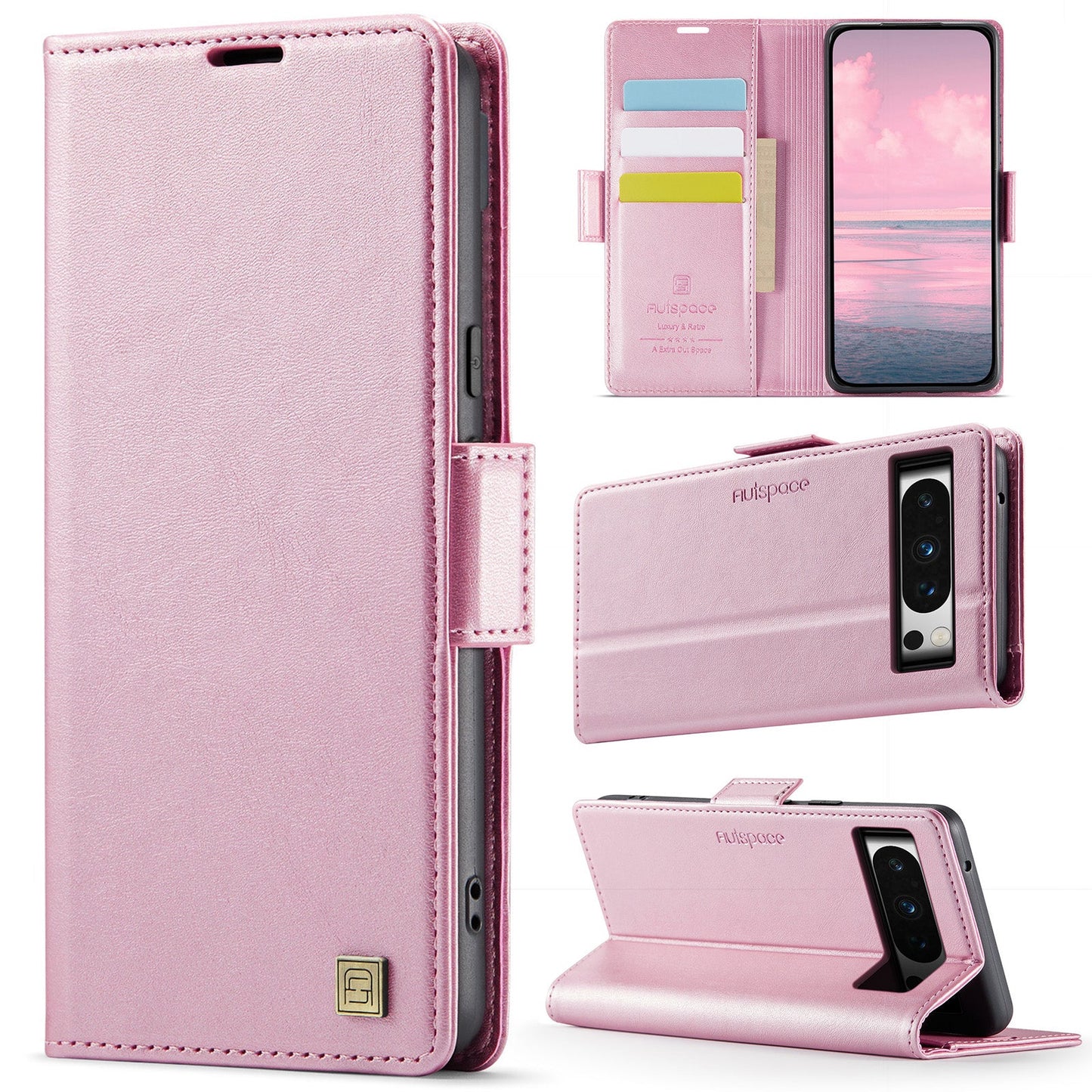 For Google Pixel 8 Pro Case AUTSPACE A11 RFID Blocking Retro Leather Cell Phone Wallet Cover - Pink