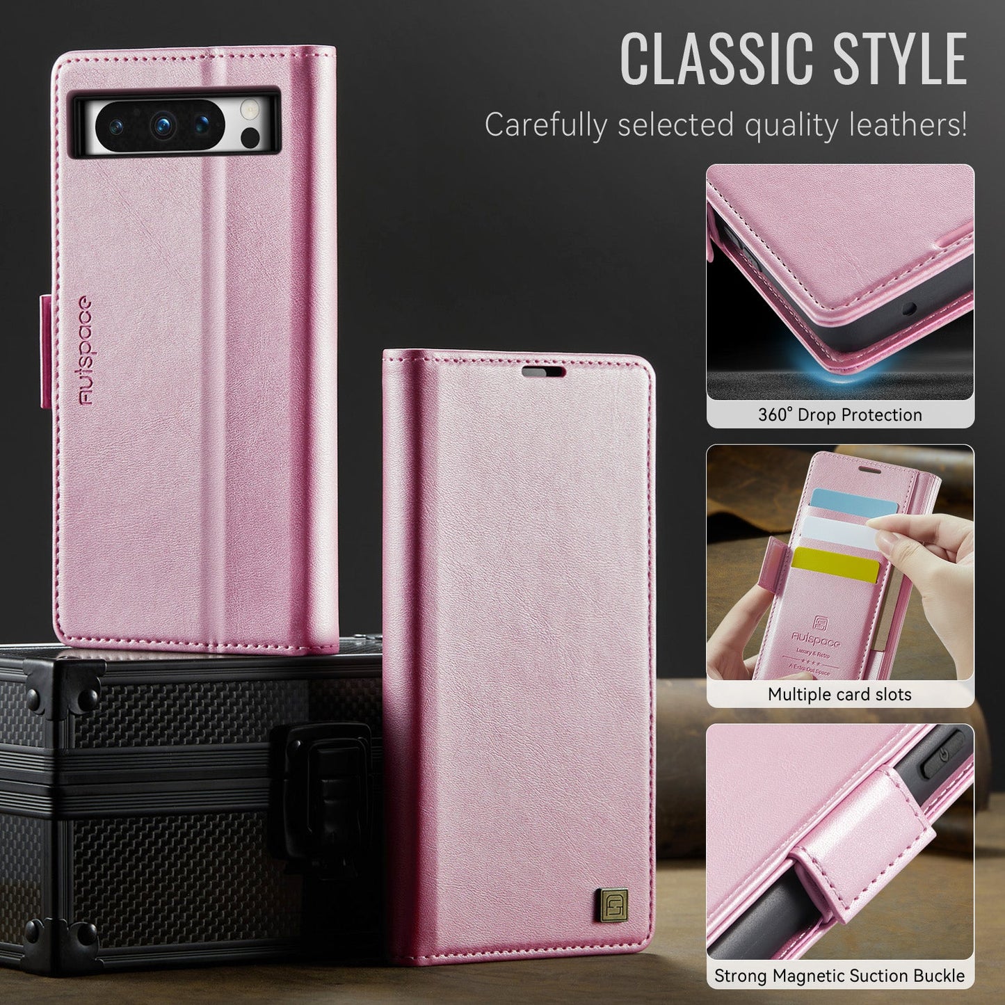 For Google Pixel 8 Pro Case AUTSPACE A11 RFID Blocking Retro Leather Cell Phone Wallet Cover - Pink