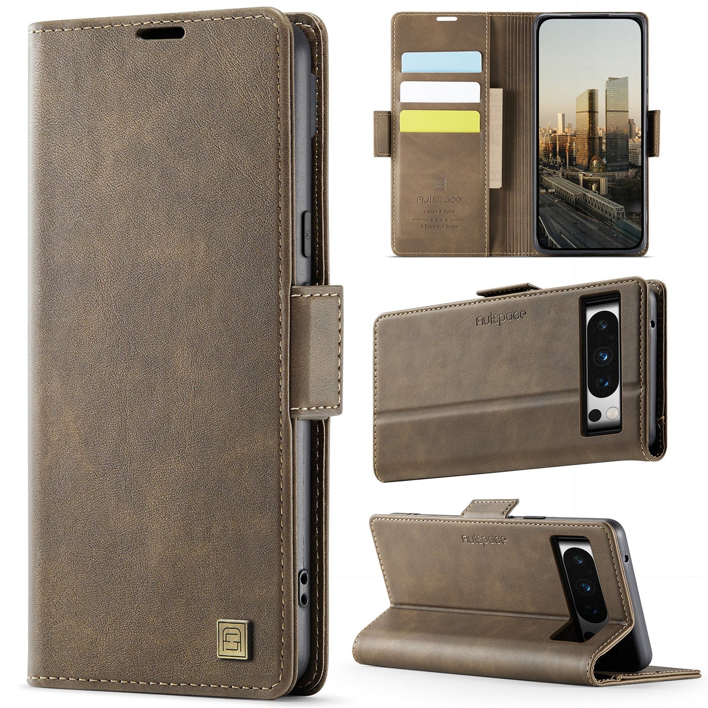 For Google Pixel 8 Pro Case AUTSPACE A11 RFID Blocking Retro Leather Cell Phone Wallet Cover - Brown