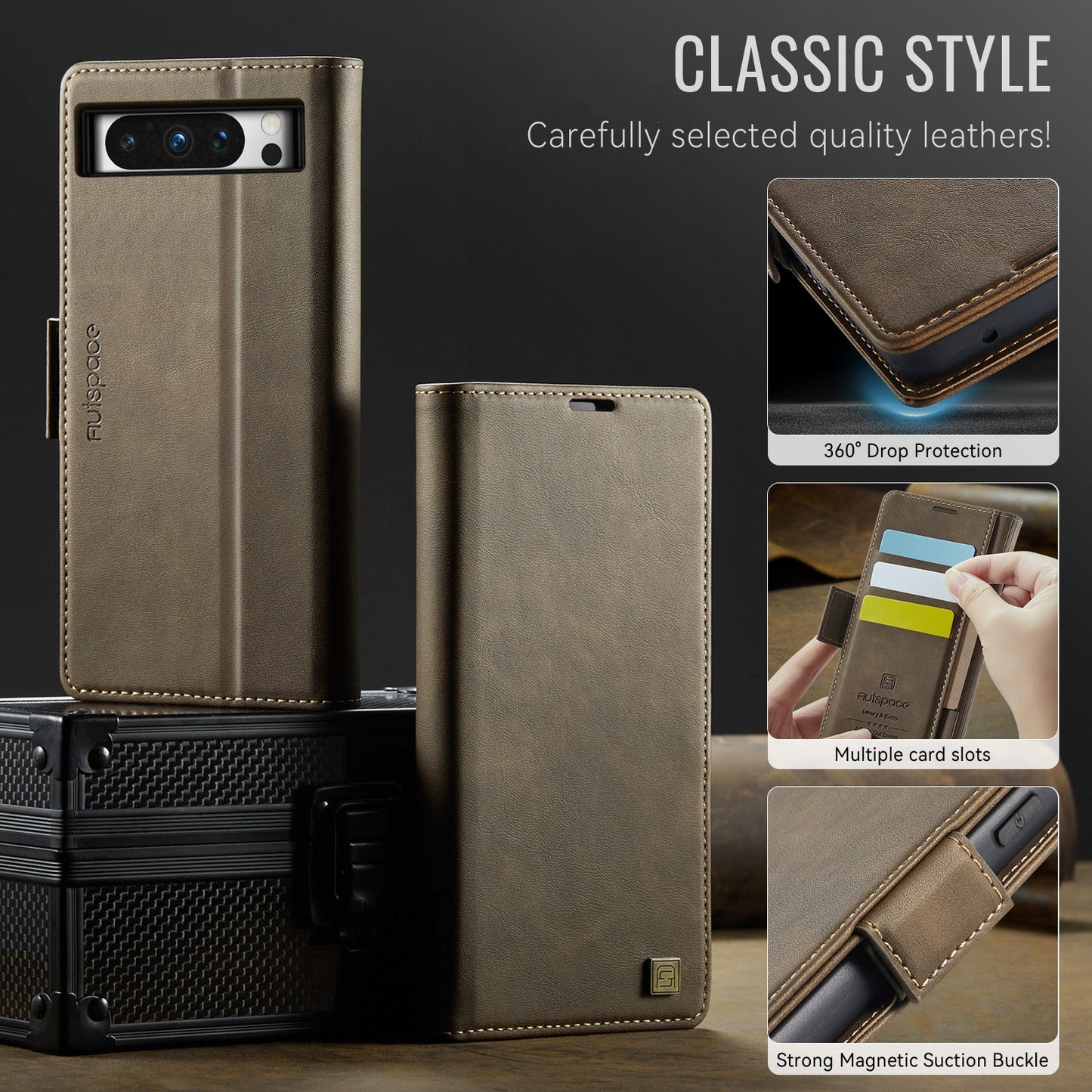 For Google Pixel 8 Pro Case AUTSPACE A11 RFID Blocking Retro Leather Cell Phone Wallet Cover - Brown