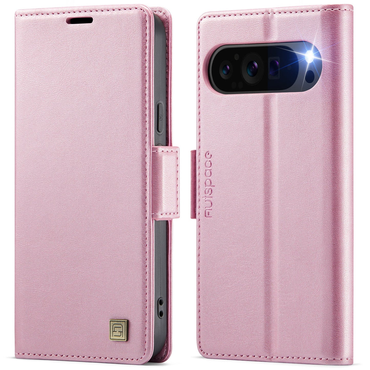 For Google Pixel 9 Pro / Google Pixel 9 Case AUTSPACE A11 RFID Blocking Retro Leather Cell Phone Wallet Cover - Pink