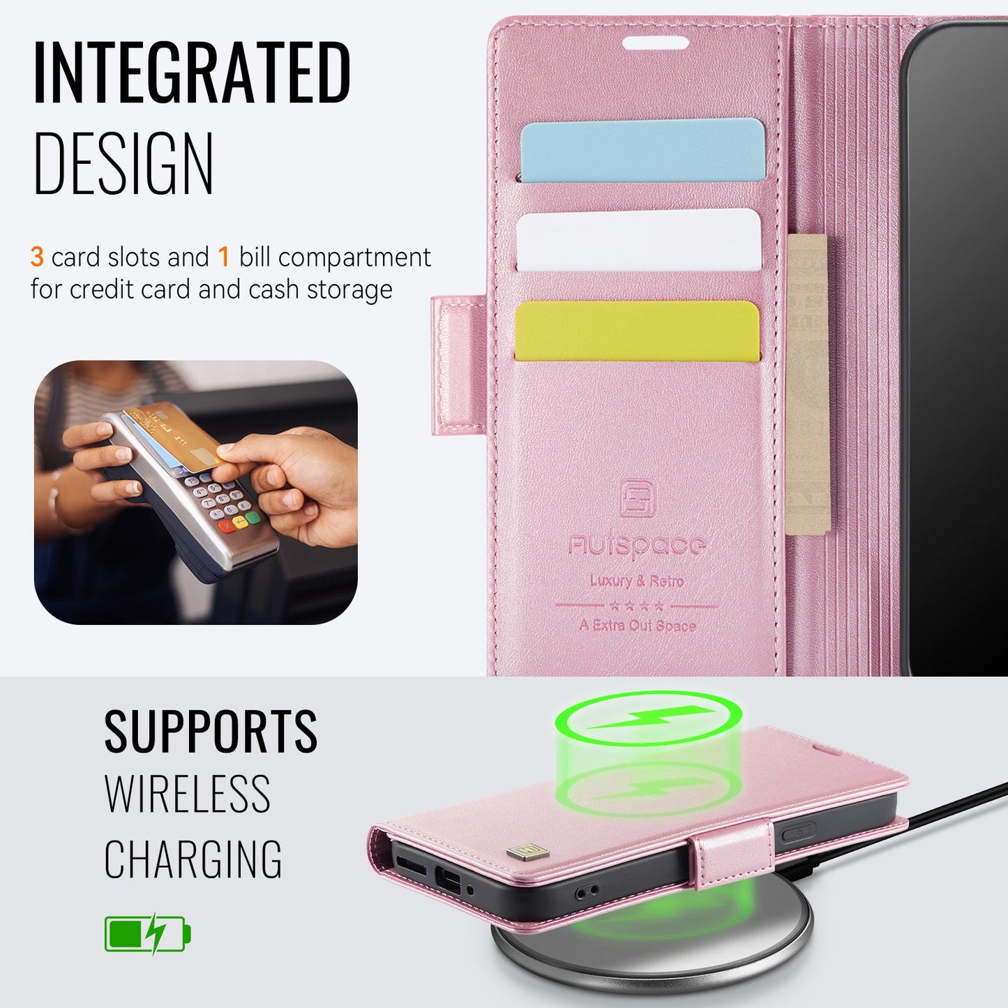 For Google Pixel 9 Pro / Google Pixel 9 Case AUTSPACE A11 RFID Blocking Retro Leather Cell Phone Wallet Cover - Pink