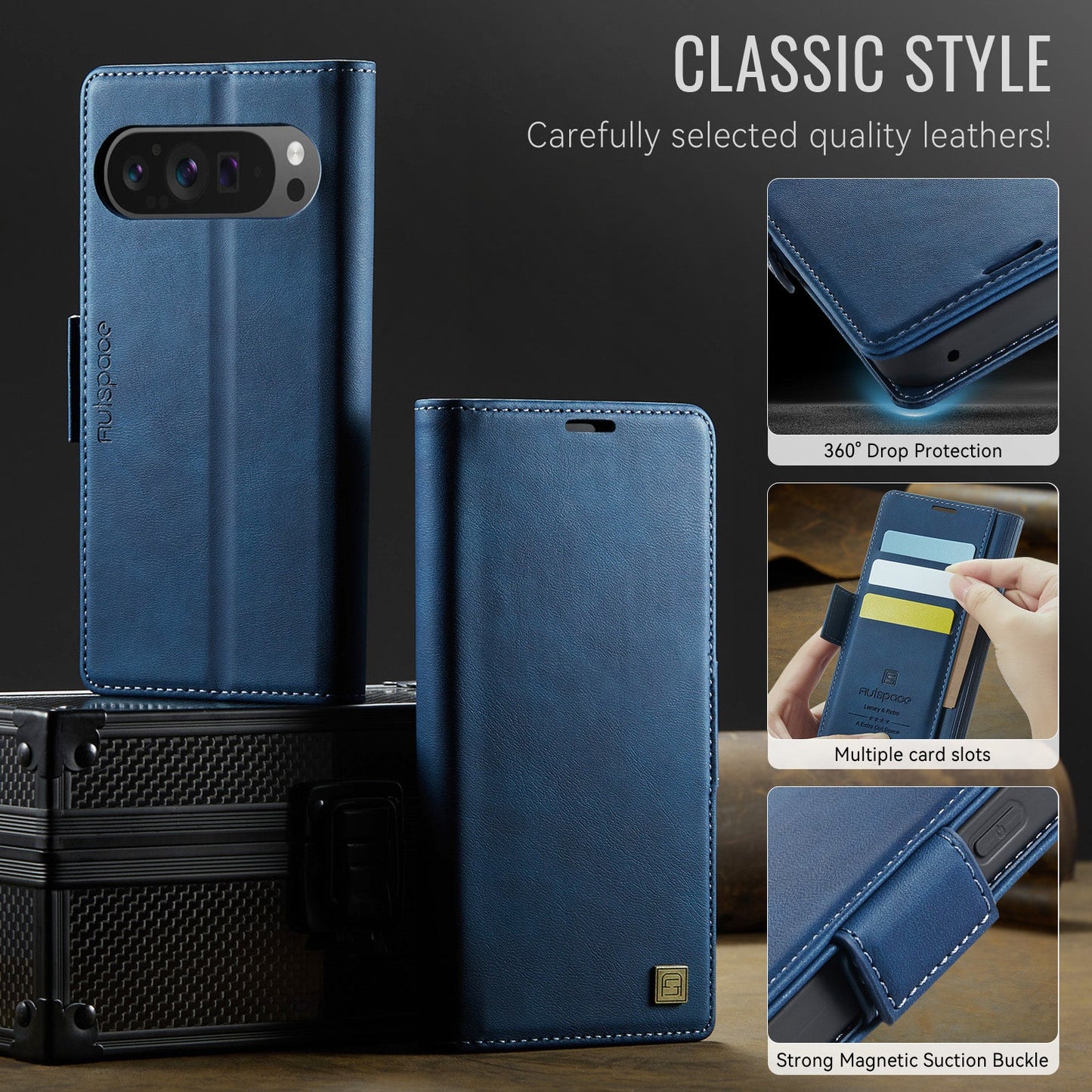 For Google Pixel 9 Pro / Google Pixel 9 Case AUTSPACE A11 RFID Blocking Retro Leather Cell Phone Wallet Cover - Blue