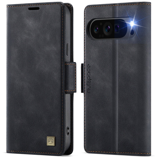 For Google Pixel 9 Pro / Google Pixel 9 Case AUTSPACE A11 RFID Blocking Retro Leather Cell Phone Wallet Cover - Black