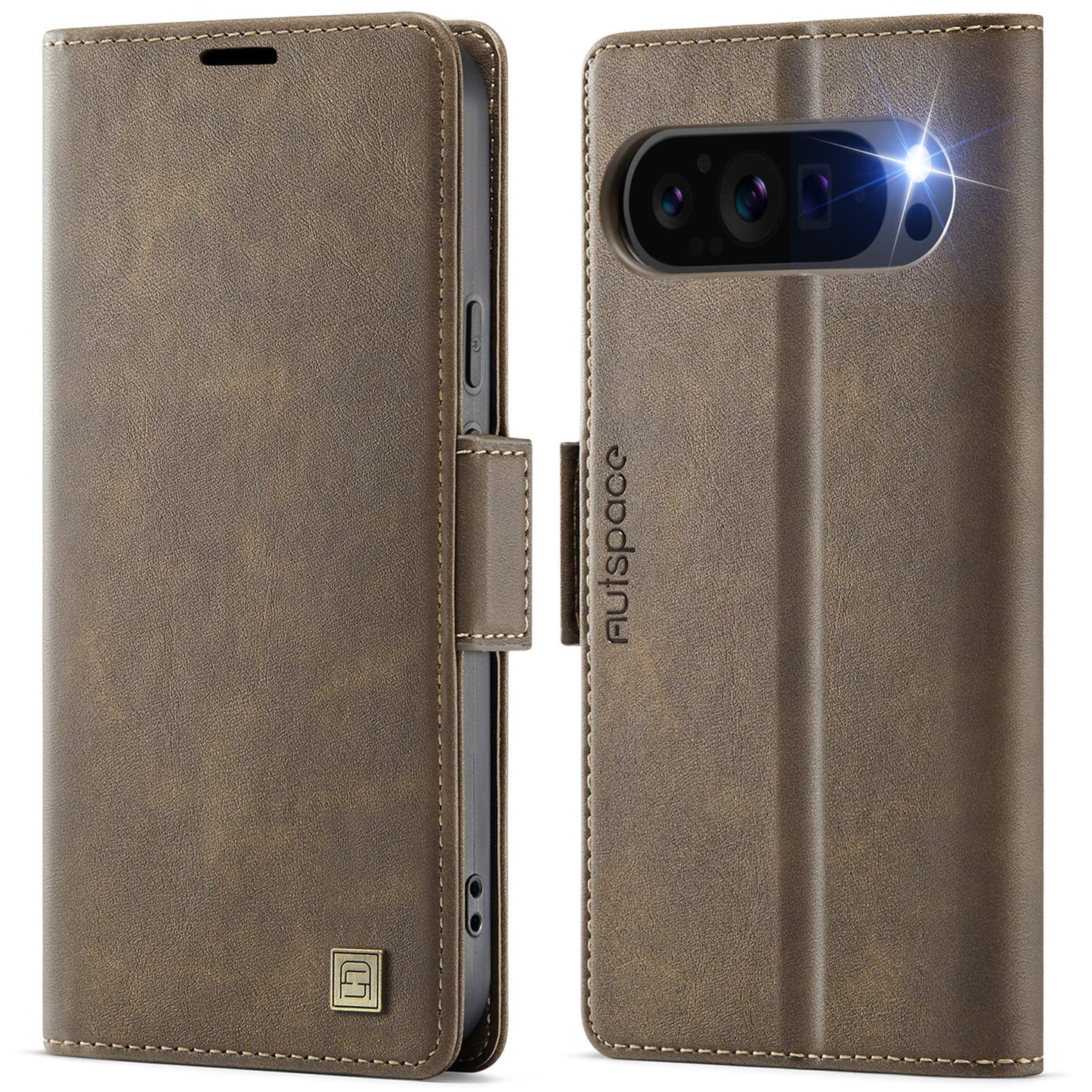 For Google Pixel 9 Pro / Google Pixel 9 Case AUTSPACE A11 RFID Blocking Retro Leather Cell Phone Wallet Cover - Brown