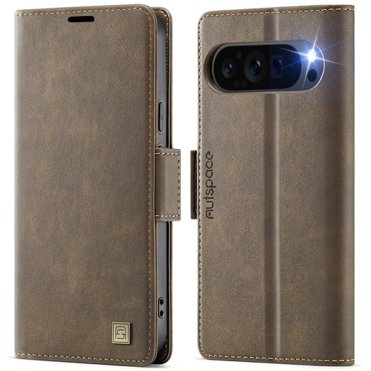For Google Pixel 9 Pro / Google Pixel 9 Case AUTSPACE A11 RFID Blocking Retro Leather Cell Phone Wallet Cover - Brown