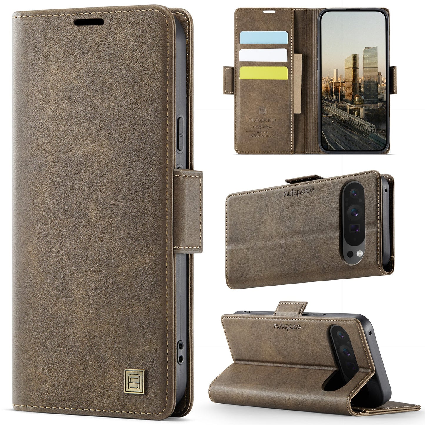 For Google Pixel 9 Pro / Google Pixel 9 Case AUTSPACE A11 RFID Blocking Retro Leather Cell Phone Wallet Cover - Brown