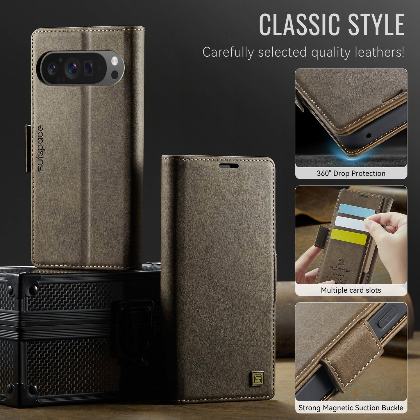 For Google Pixel 9 Pro XL Case AUTSPACE A11 RFID Blocking Retro Leather Cell Phone Wallet Cover - Brown