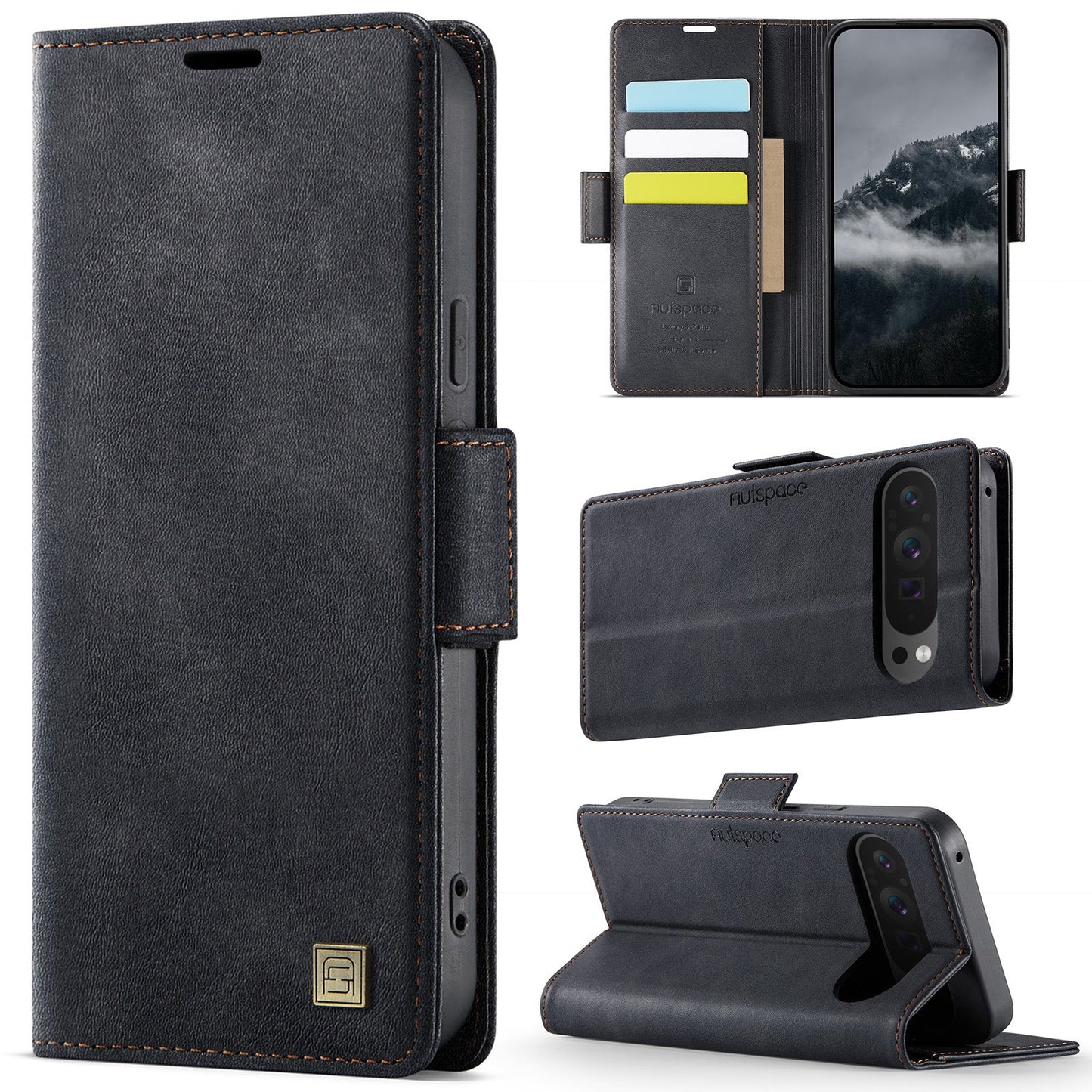 For Google Pixel 9 Pro XL Case AUTSPACE A11 RFID Blocking Retro Leather Cell Phone Wallet Cover - Black