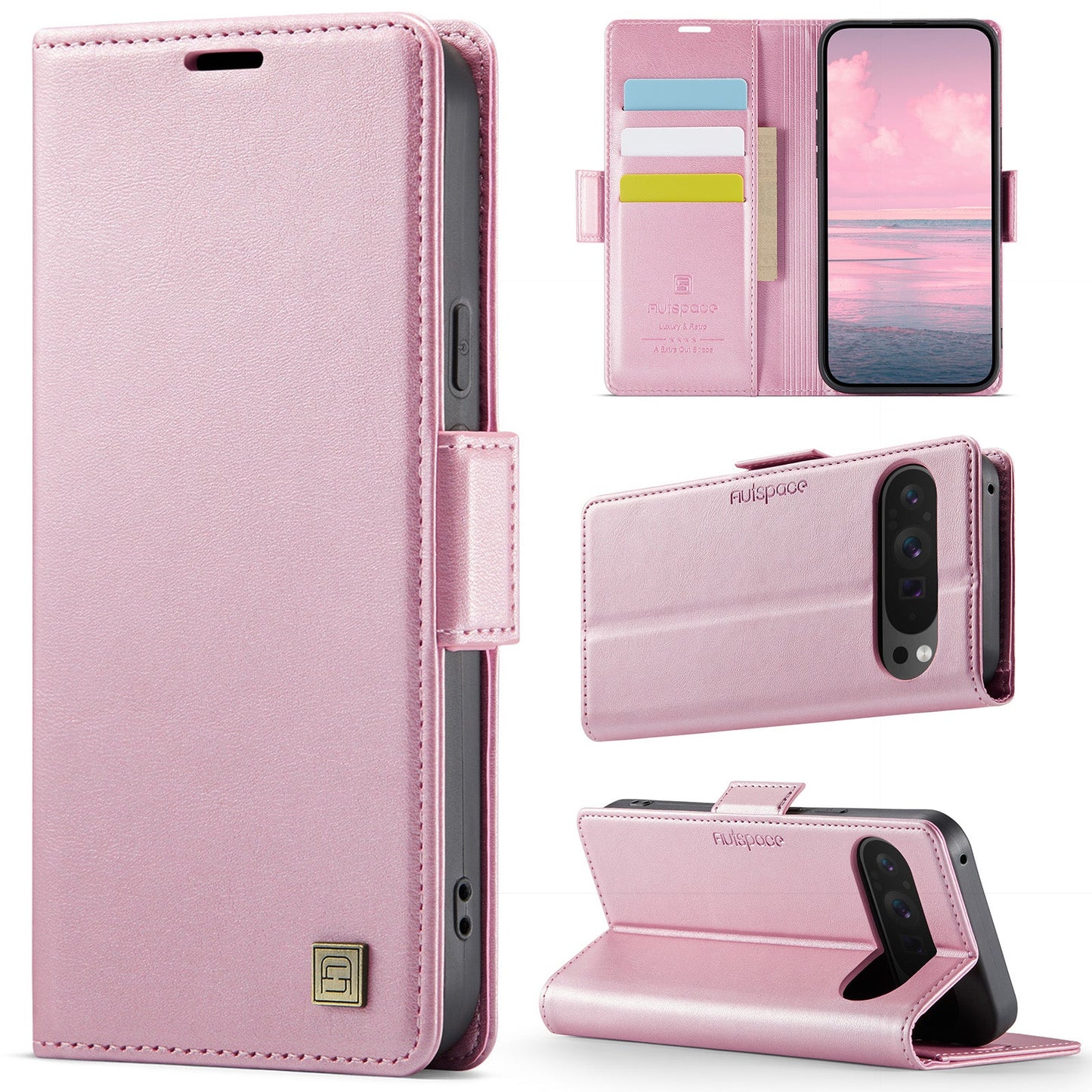 For Google Pixel 9 Pro XL Case AUTSPACE A11 RFID Blocking Retro Leather Cell Phone Wallet Cover - Pink