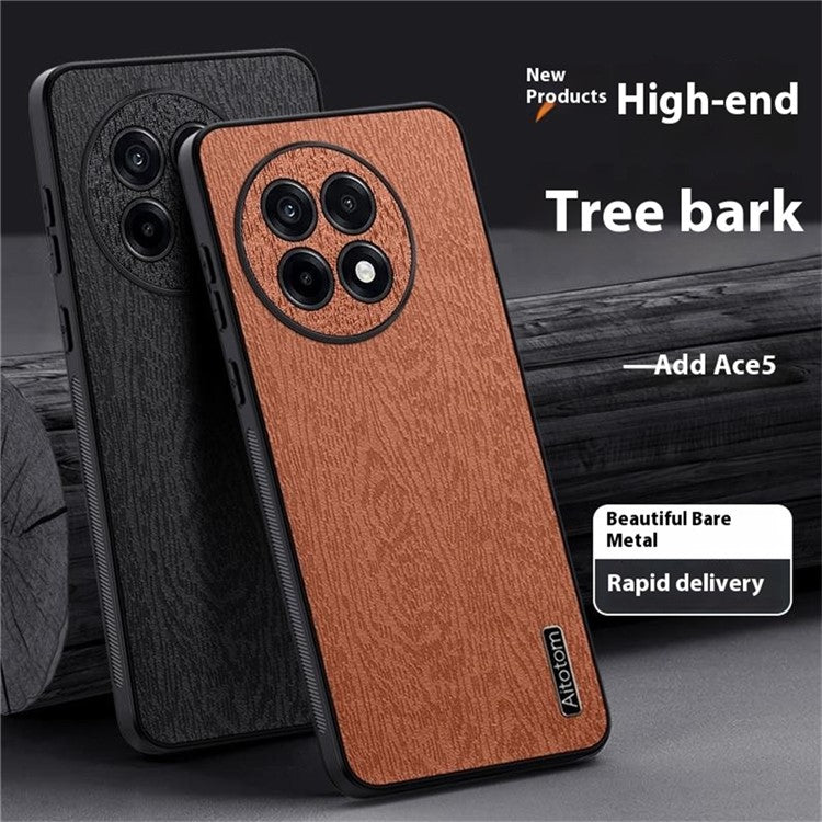 For OnePlus Ace 5 5G Case Wood Texture PU Leather Coated PC TPU Phone Cover - Black