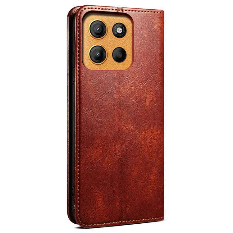 For Motorola Moto G15 4G Case Crazy Horse Texture Waxy Leather Wallet Stand Phone Cover - Brown