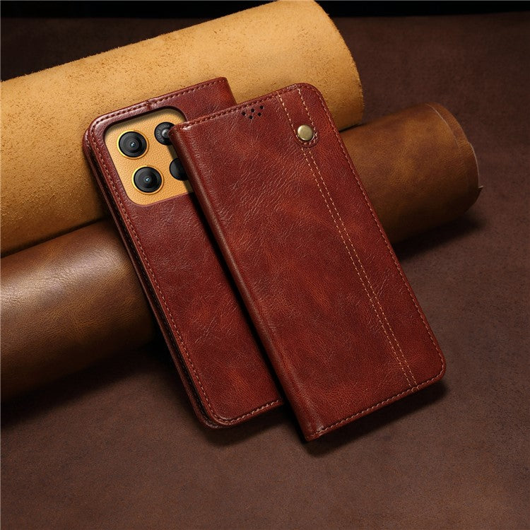 For Motorola Moto G15 4G Case Crazy Horse Texture Waxy Leather Wallet Stand Phone Cover - Brown