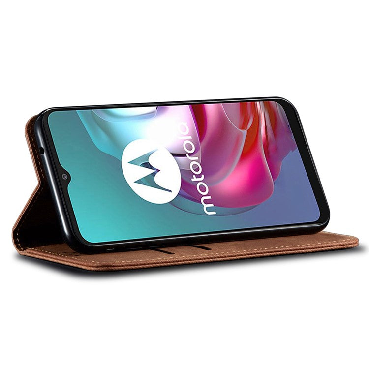 For Motorola Moto G15 4G Case Jeans Cloth Texture Anti-Scratch Leather Stand Phone Cover - Coffee