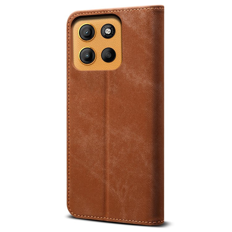 For Motorola Moto G15 4G Case Jeans Cloth Texture Anti-Scratch Leather Stand Phone Cover - Coffee