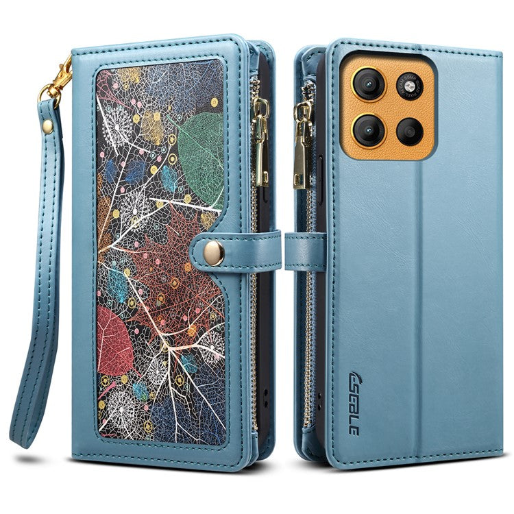 ESEBLE Galaxy Series For Motorola Moto G15 4G Case Leather Zipper Phone Cover RFID Blocking - Blue