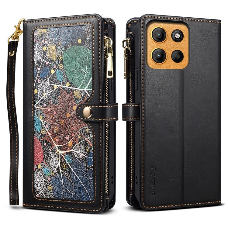 ESEBLE Galaxy Series For Motorola Moto G15 4G Case Leather Zipper Phone Cover RFID Blocking - Black