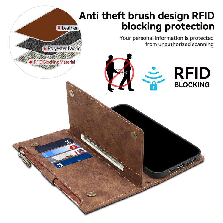 ESEBLE Star Series For Motorola Moto G15 4G Case Zipper Wallet Leather Stand Phone Cover - Brown