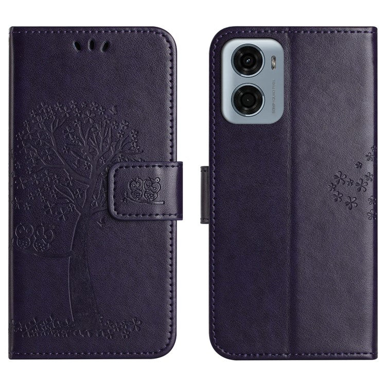 For Motorola Moto E15 4G  /  G05 4G Case PU Leather Owl Tree Imprinted Wallet Phone Cover - Dark Blue