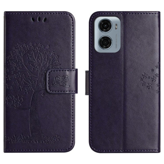 For Motorola Moto E15 4G  /  G05 4G Case PU Leather Owl Tree Imprinted Wallet Phone Cover - Dark Blue