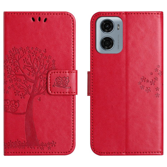 For Motorola Moto E15 4G  /  G05 4G Case PU Leather Owl Tree Imprinted Wallet Phone Cover - Red