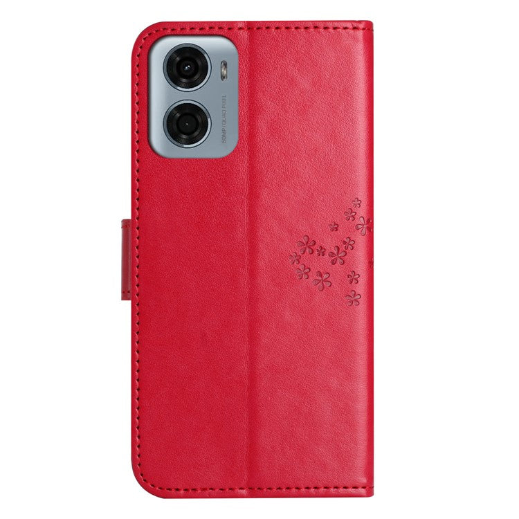 For Motorola Moto E15 4G  /  G05 4G Case PU Leather Owl Tree Imprinted Wallet Phone Cover - Red