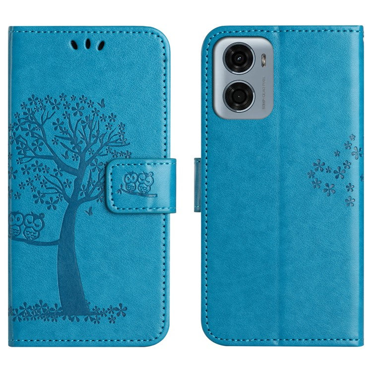 For Motorola Moto E15 4G  /  G05 4G Case PU Leather Owl Tree Imprinted Wallet Phone Cover - Blue