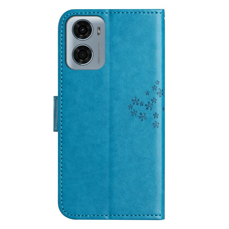 For Motorola Moto E15 4G  /  G05 4G Case PU Leather Owl Tree Imprinted Wallet Phone Cover - Blue