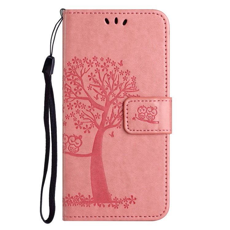 For Motorola Moto E15 4G  /  G05 4G Case PU Leather Owl Tree Imprinted Wallet Phone Cover - Pink