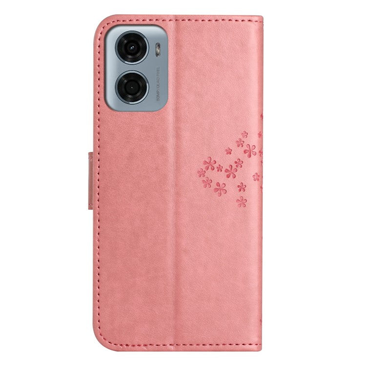 For Motorola Moto E15 4G  /  G05 4G Case PU Leather Owl Tree Imprinted Wallet Phone Cover - Pink