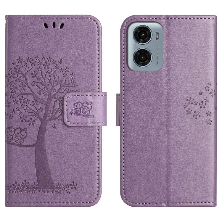 For Motorola Moto E15 4G  /  G05 4G Case PU Leather Owl Tree Imprinted Wallet Phone Cover - Purple