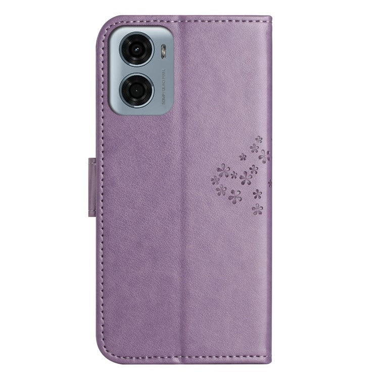 For Motorola Moto E15 4G  /  G05 4G Case PU Leather Owl Tree Imprinted Wallet Phone Cover - Purple