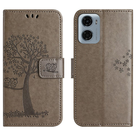 For Motorola Moto E15 4G  /  G05 4G Case PU Leather Owl Tree Imprinted Wallet Phone Cover - Grey