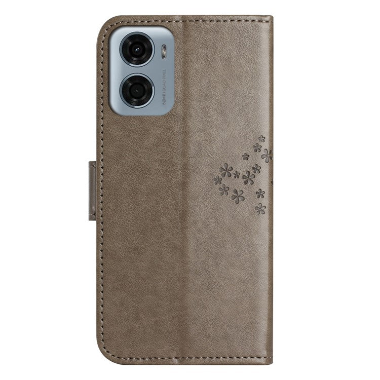 For Motorola Moto E15 4G  /  G05 4G Case PU Leather Owl Tree Imprinted Wallet Phone Cover - Grey