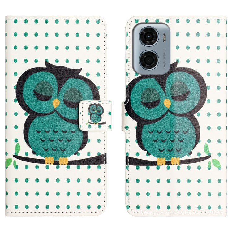 For Motorola Moto E15 4G  /  G05 4G Case Pattern Print PU Leather Wallet Phone Cover - Dots Owl