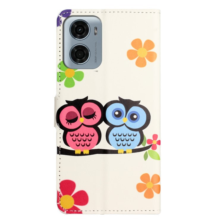 For Motorola Moto E15 4G  /  G05 4G Case Pattern Print PU Leather Wallet Phone Cover - Couple Owls