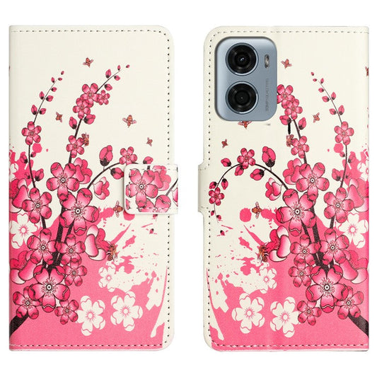 For Motorola Moto E15 4G  /  G05 4G Case Pattern Print PU Leather Wallet Phone Cover - Plum Blossom