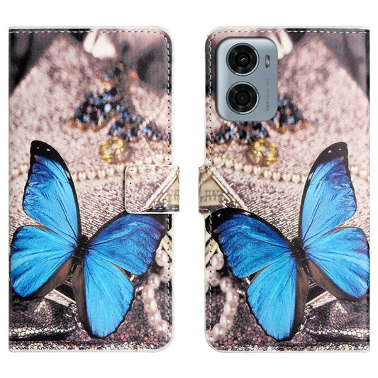For Motorola Moto E15 4G  /  G05 4G Case Pattern Print PU Leather Wallet Phone Cover - Blue Butterfly