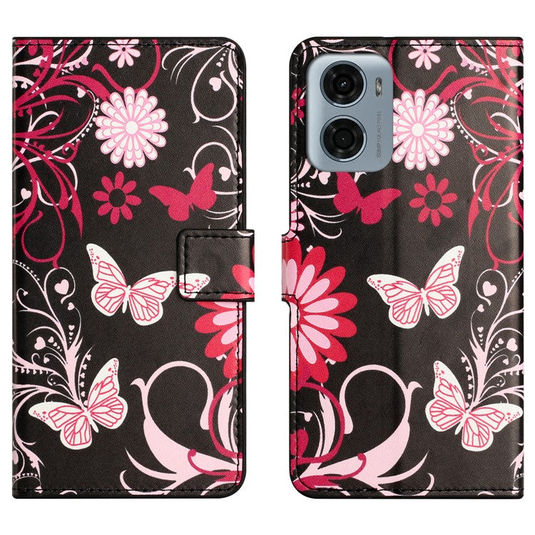 For Motorola Moto E15 4G  /  G05 4G Case Pattern Print PU Leather Wallet Phone Cover - Black Butterfly