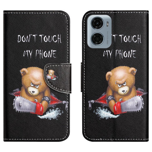 For Motorola Moto E15 4G  /  G05 4G Leather Case Pattern Printing Cross Texture Phone Cover - Bear